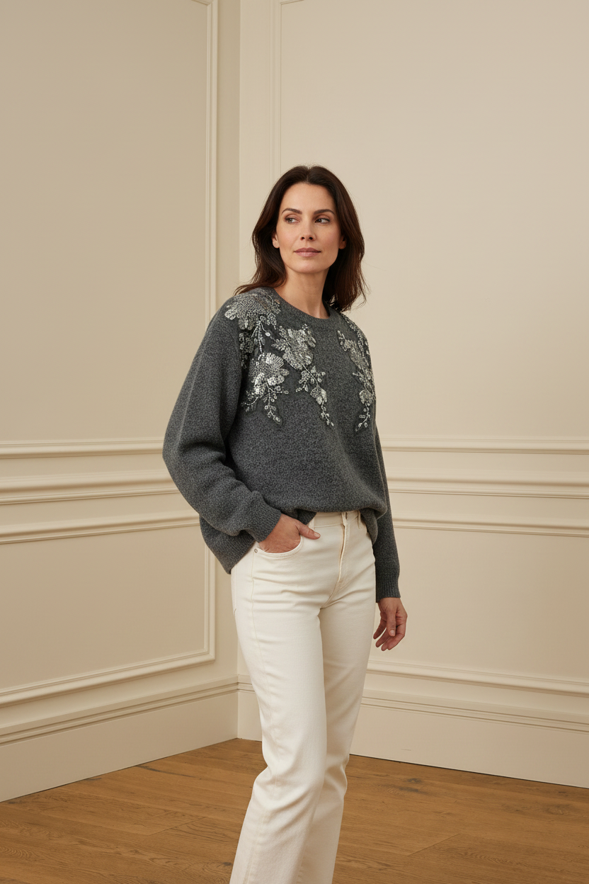 Jersey gris bordado con lentejuelas tres cuartos