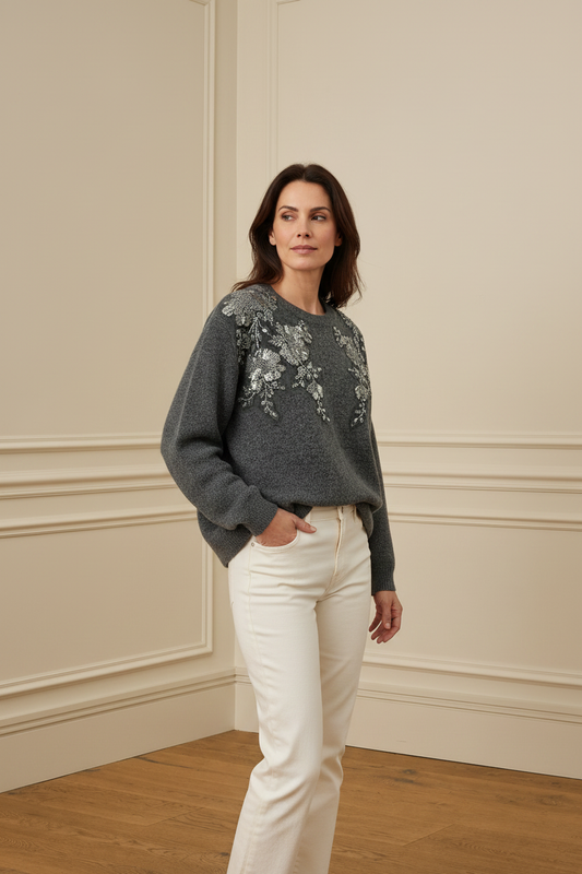 Jersey gris bordado con lentejuelas tres cuartos