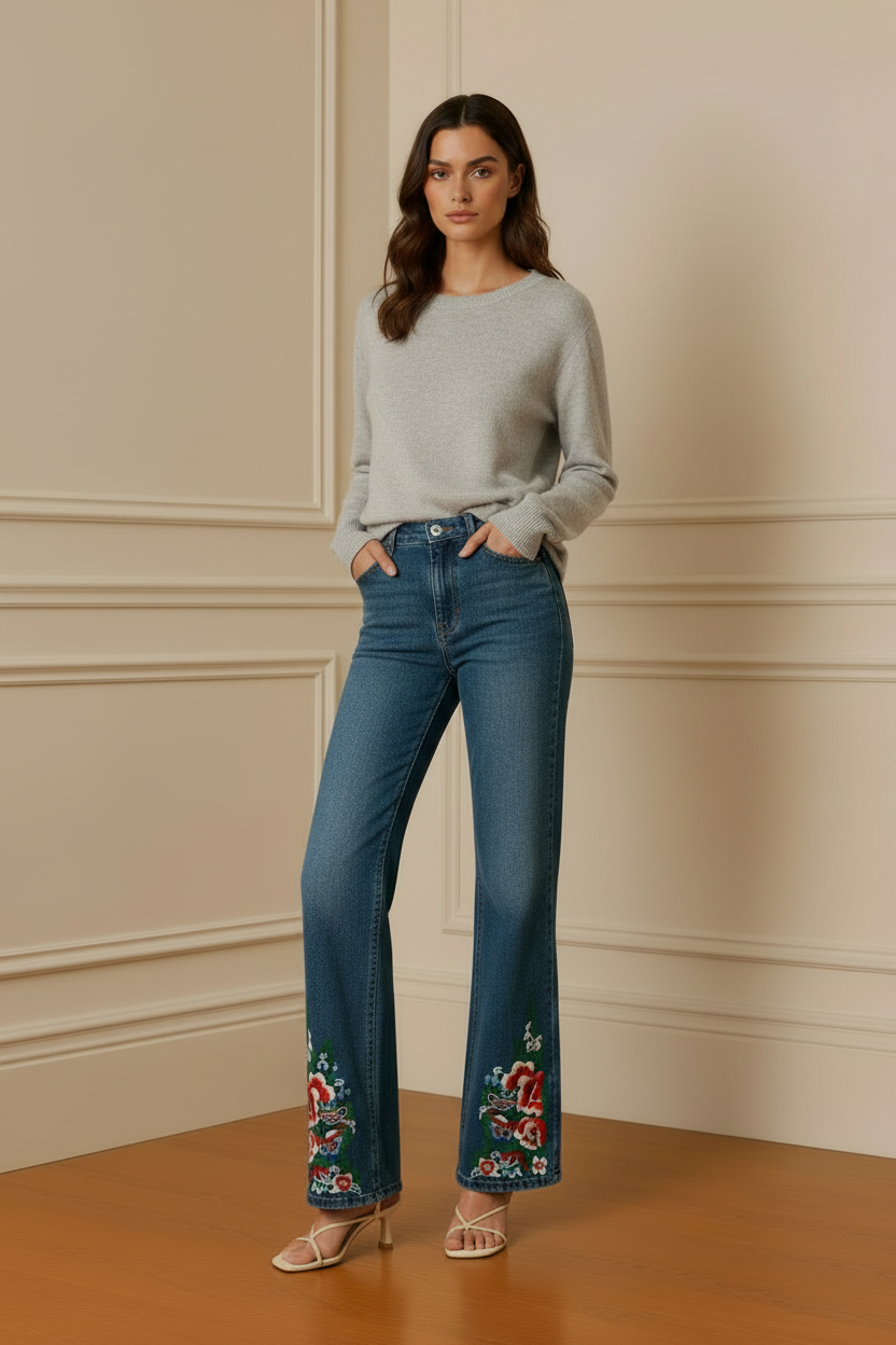 Jersey gris fino con vaquero bordado - tres cuartos
