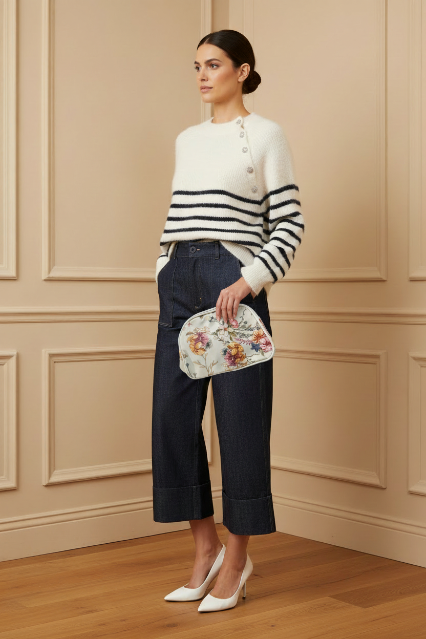 Jersey rayas + culotte denim + bolso floral 3/4