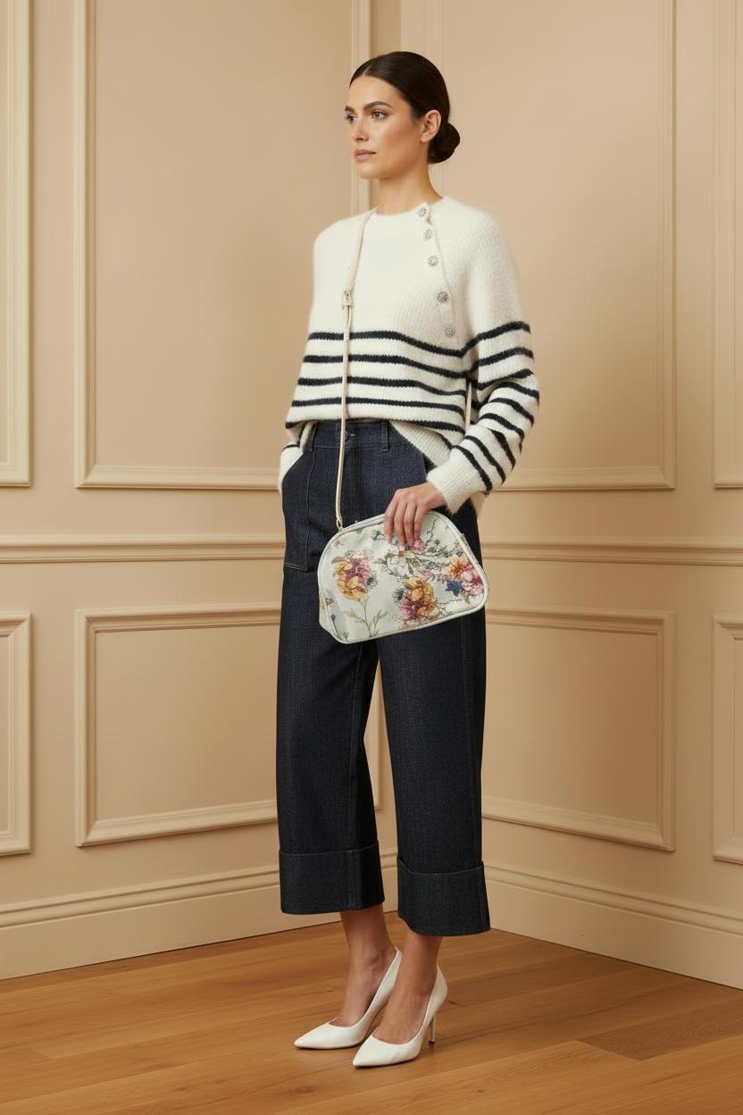 Jersey rayas + culotte denim + bolso floral bandolera 3/4