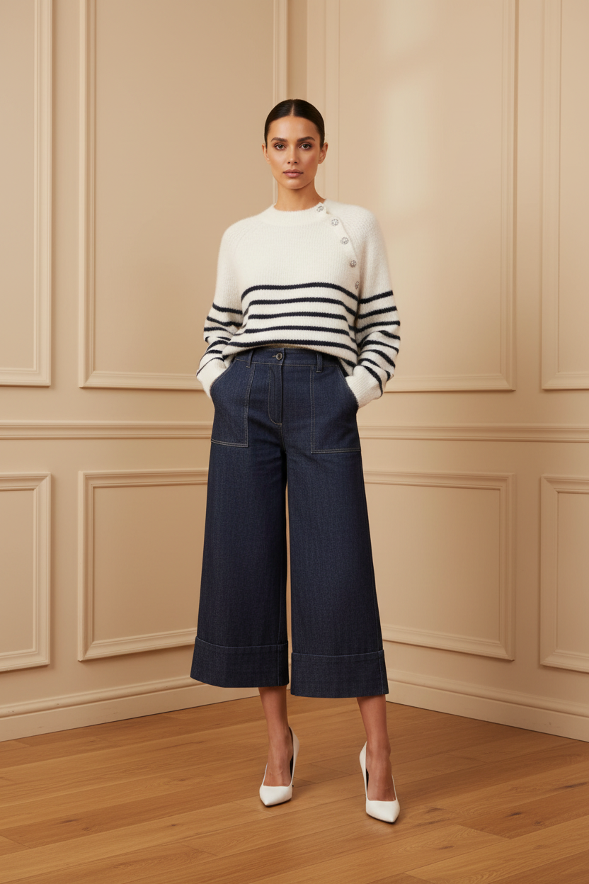Jersey rayas navy + culotte denim frontal