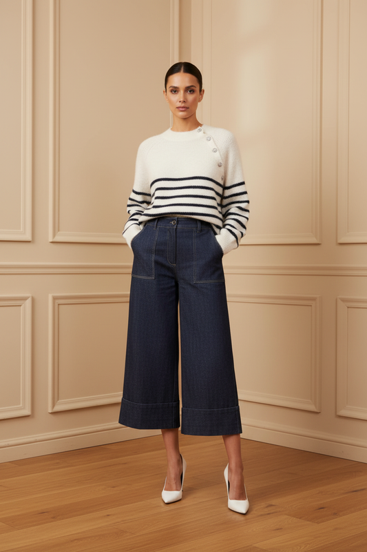 Jersey rayas navy + culotte denim frontal