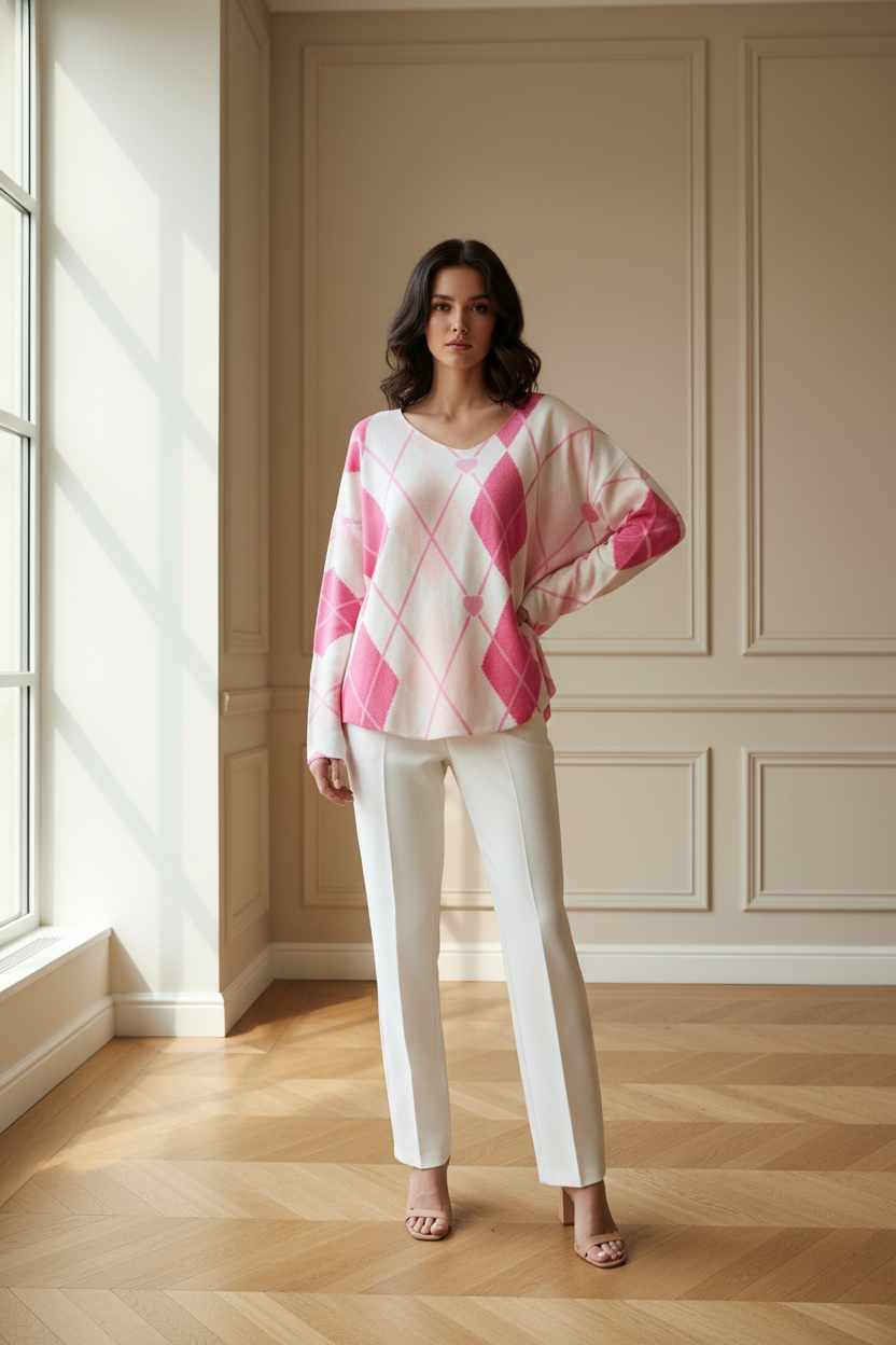 Jersey rombos cuello V rosa claro blanco y rosa chicle