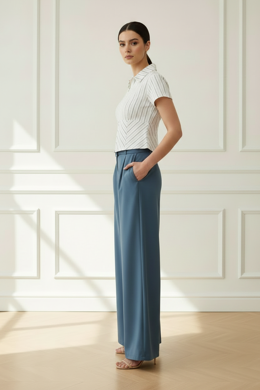 Camisa polo rayas doradas blanca - vista lateral con palazzo azul