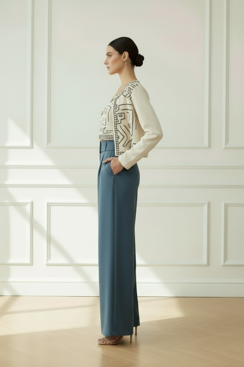Lateral - conjunto étnico con chaqueta sobre hombros