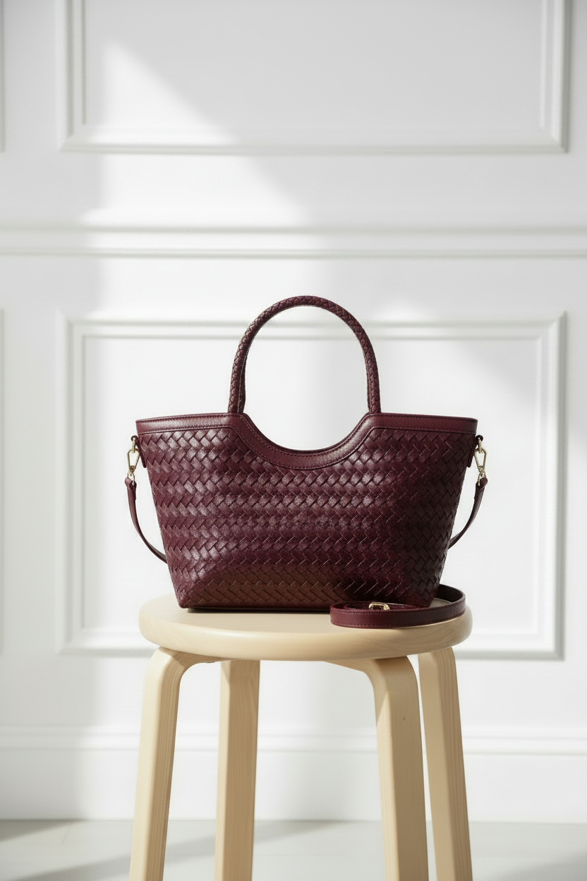 Bolso tote trenzado asa redonda burdeos - vista lateral
