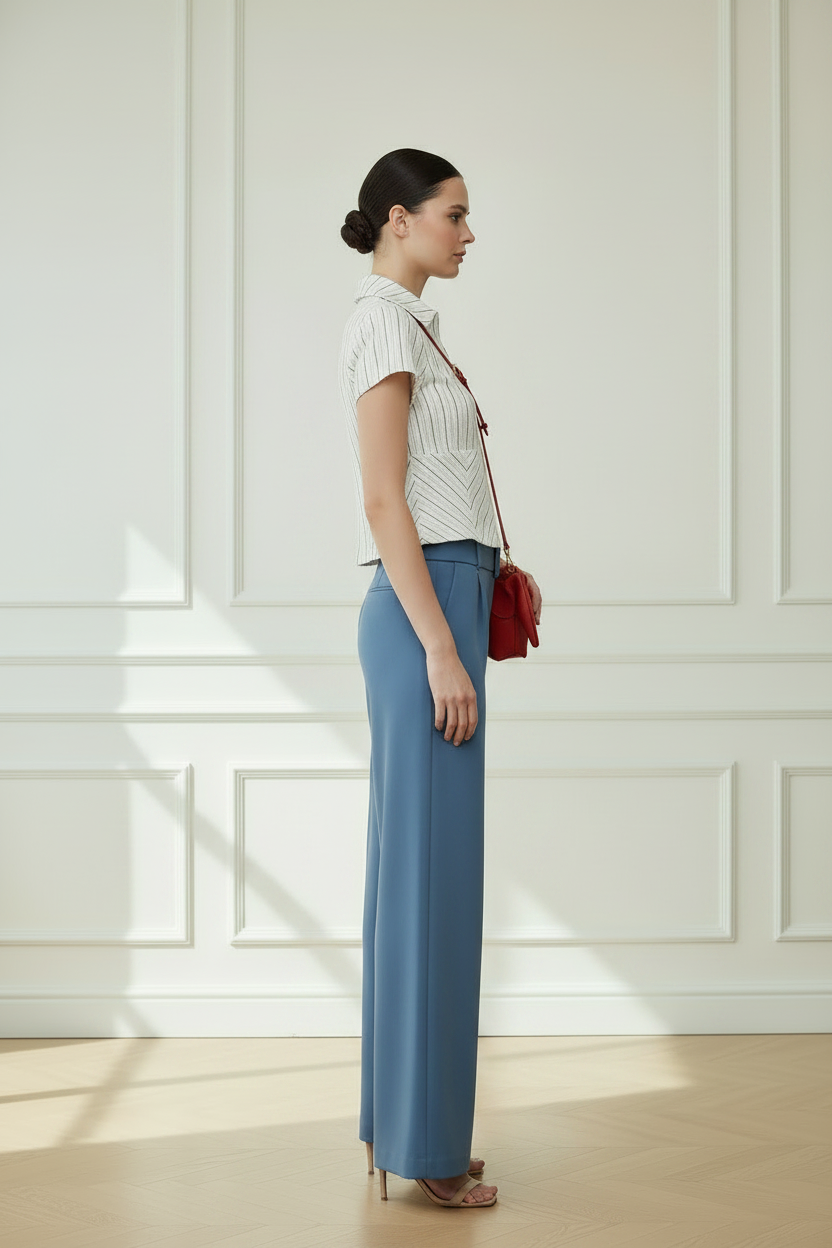 Camisa polo rayas doradas blanca - lateral con palazzo y bolso rojo