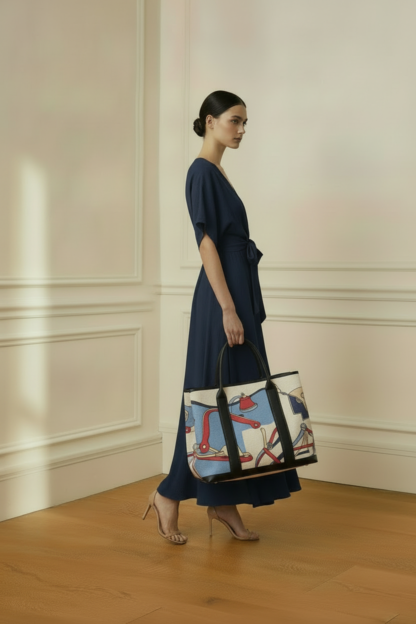 Lateral - vestido azul con bolso ecuestre