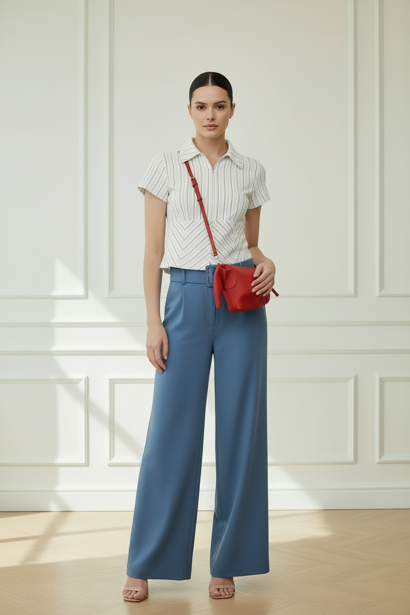 Camisa polo rayas doradas blanca - look completo con palazzo y bolso rojo