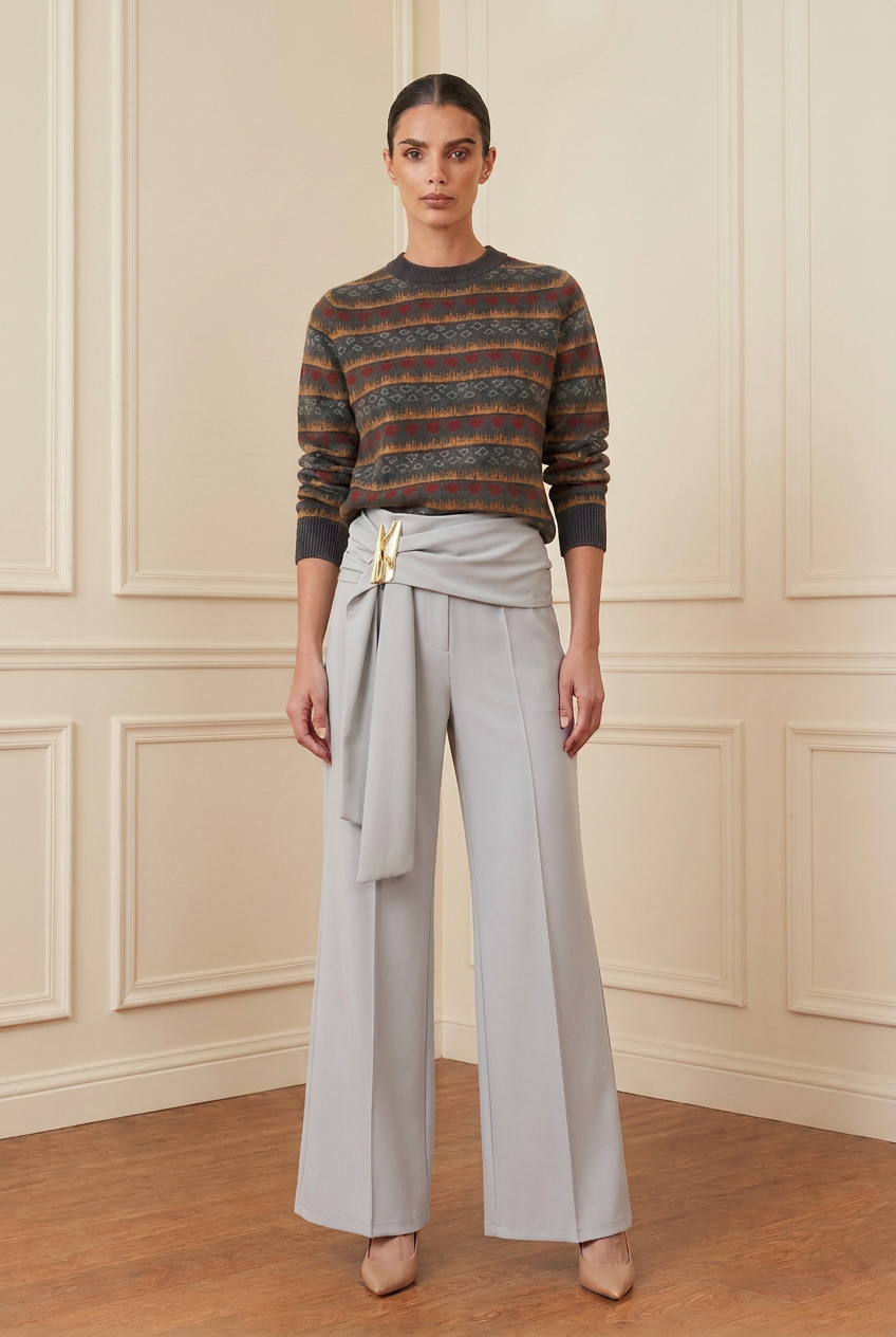 Look con cintura drapeada y broche dorado corregidos
