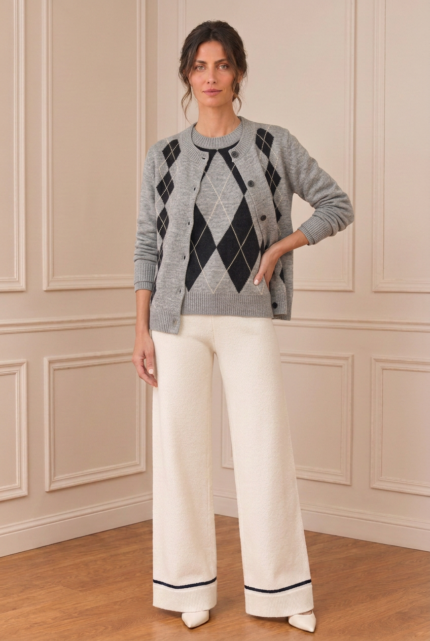 Look desenfadado de cuerpo entero con chaqueta y jersey de rombos