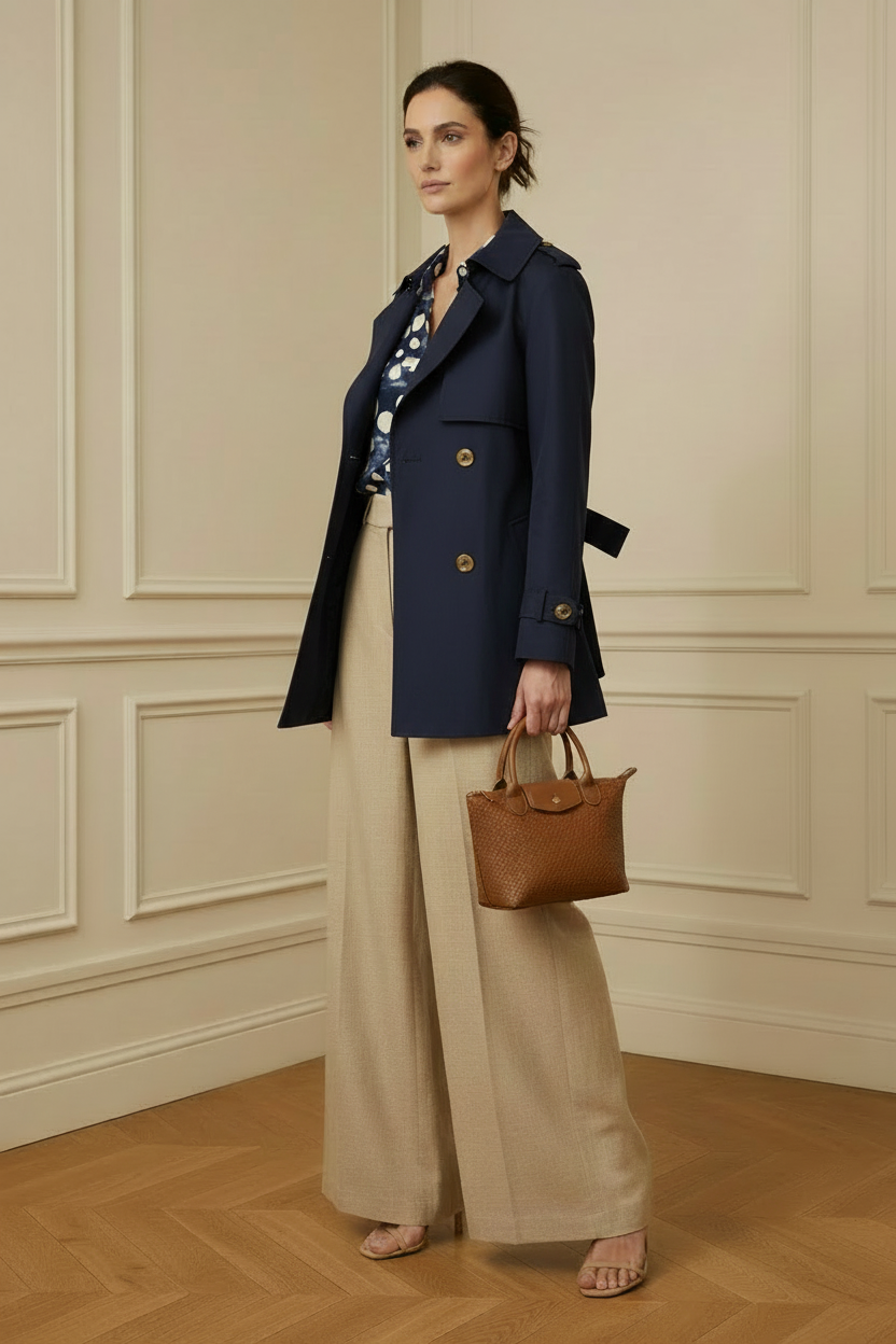 Look palazzo beige + camisa lunares + gabardina navy