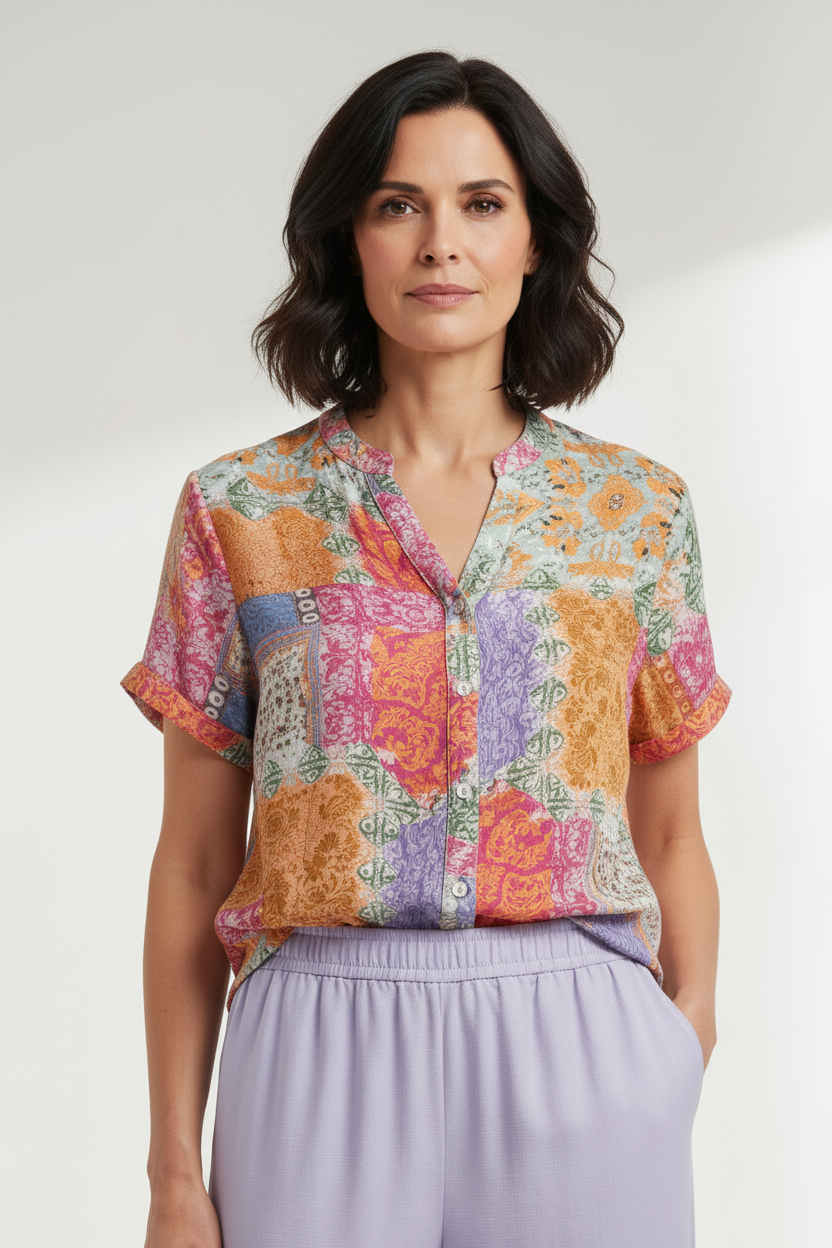 Look patchwork lila - detalle busto