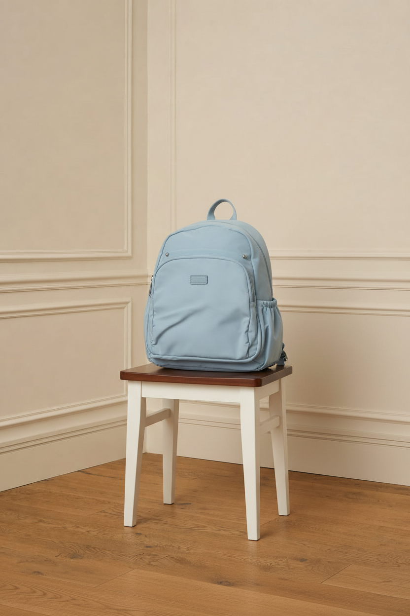 Mochila azul celeste - 3/4 en taburete