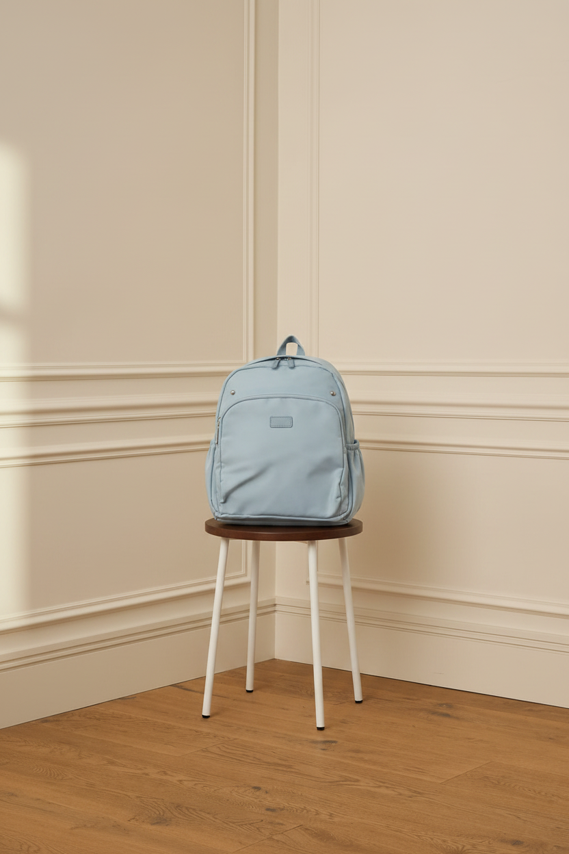 Mochila azul celeste - frontal en taburete