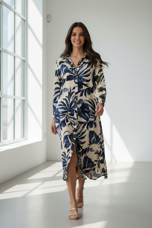 Modelo andando vestido azul sin cinturón