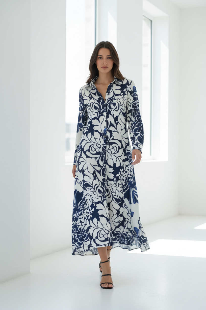 Modelo andando vestido floral azul