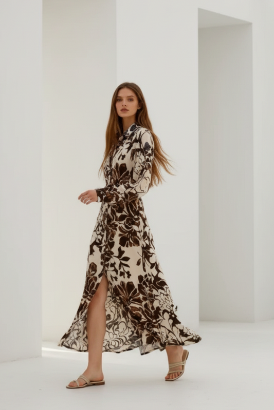 Modelo andando vestido floral negro