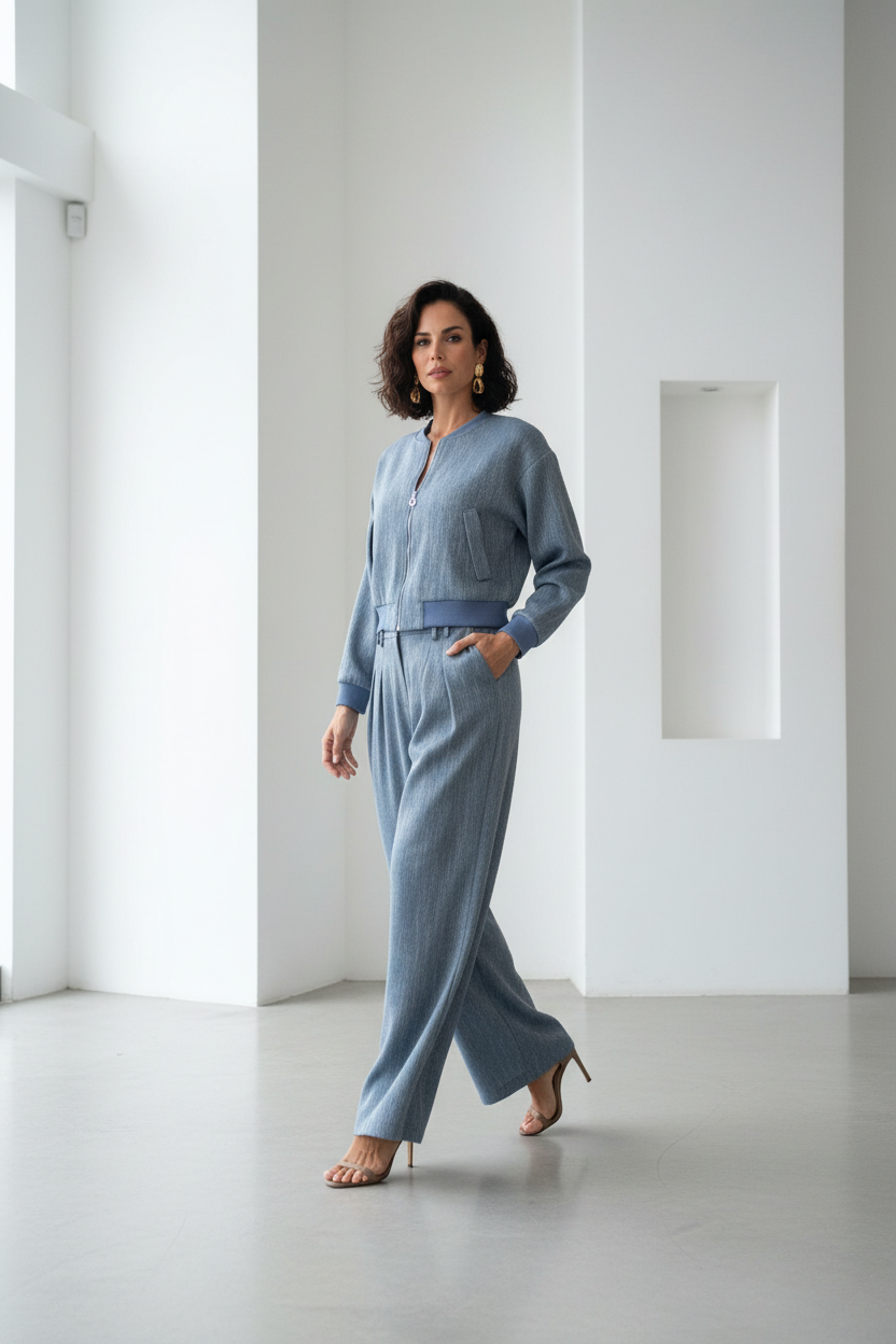 Modelo caminando con conjunto azul