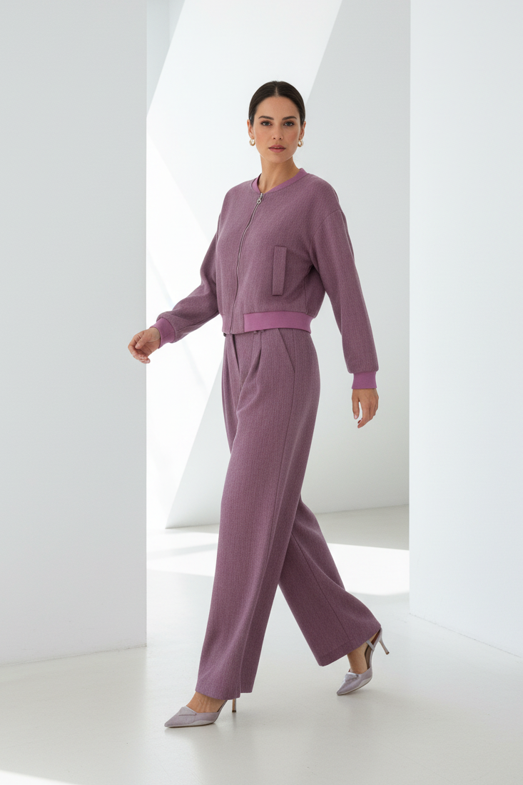 Modelo caminando con conjunto morado