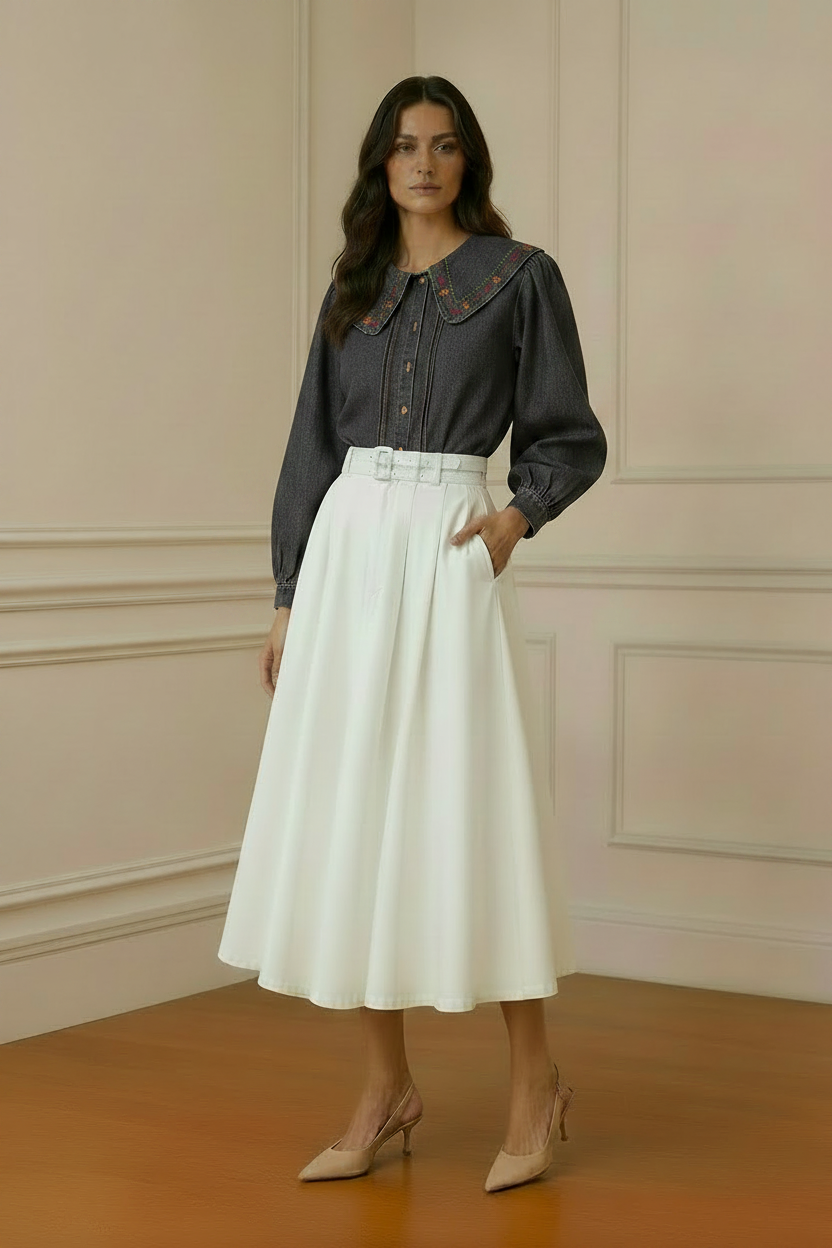 Modelo camisa denim gris con falda blanca midi