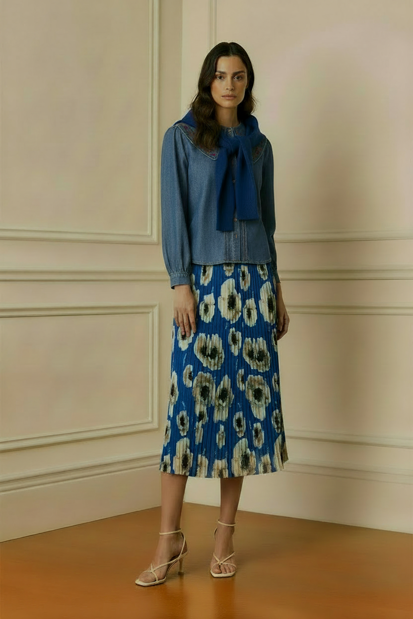 Modelo camisa vaquera falda azul sin jersey