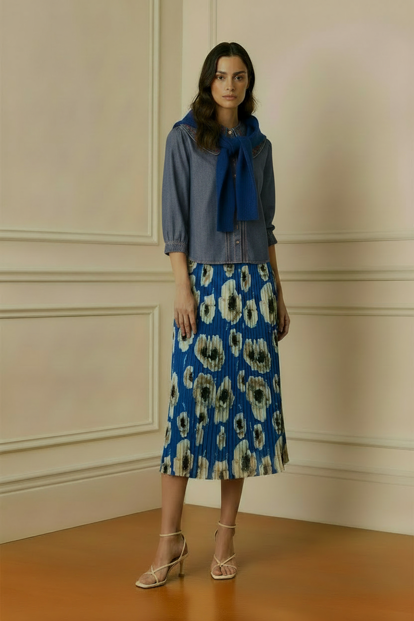 Modelo camisa vaquera Peter Pan con falda azul floral plisada