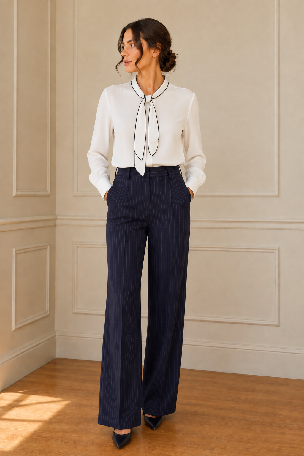 Modelo con blusa blanca de lazada negra y pantalón azul marino de raya diplomática