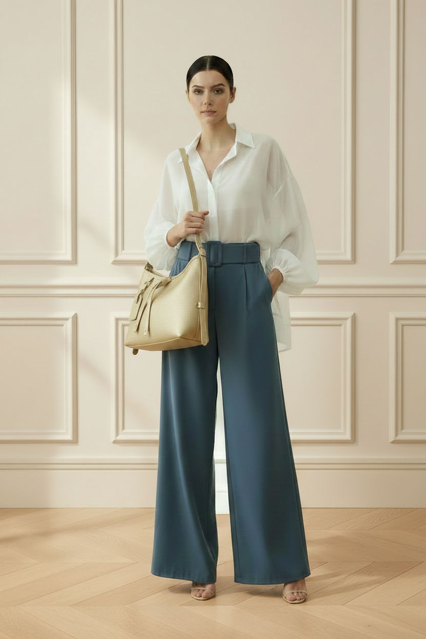 Modelo con blusa blanca, pantalón wide leg azul y bolso hobo dorado