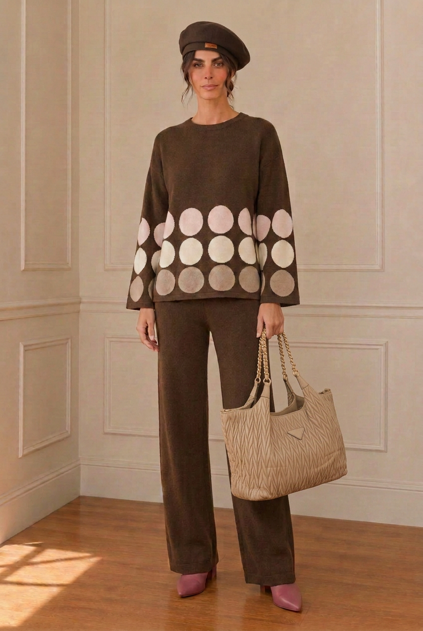 Modelo con bolso beige de cadenas doradas, boina marrón, conjunto chocolate y botines rosas