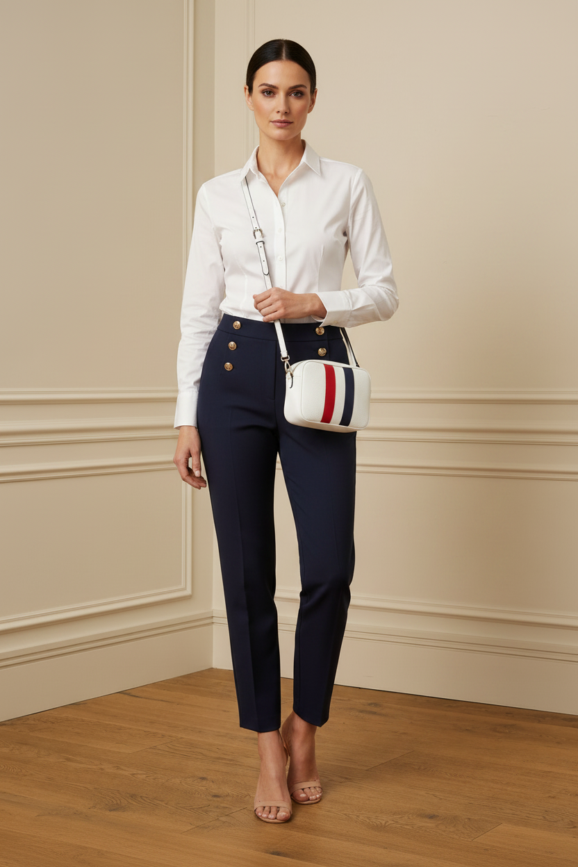 Modelo con bolso blanco sin logo - franjas rojo/blanco/navy