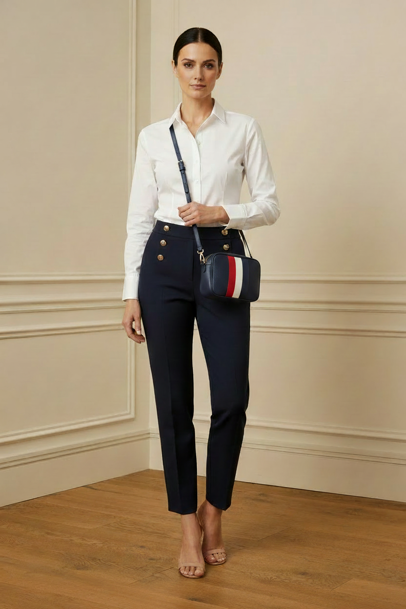 Modelo con bolso navy rojo/blanco/rojo