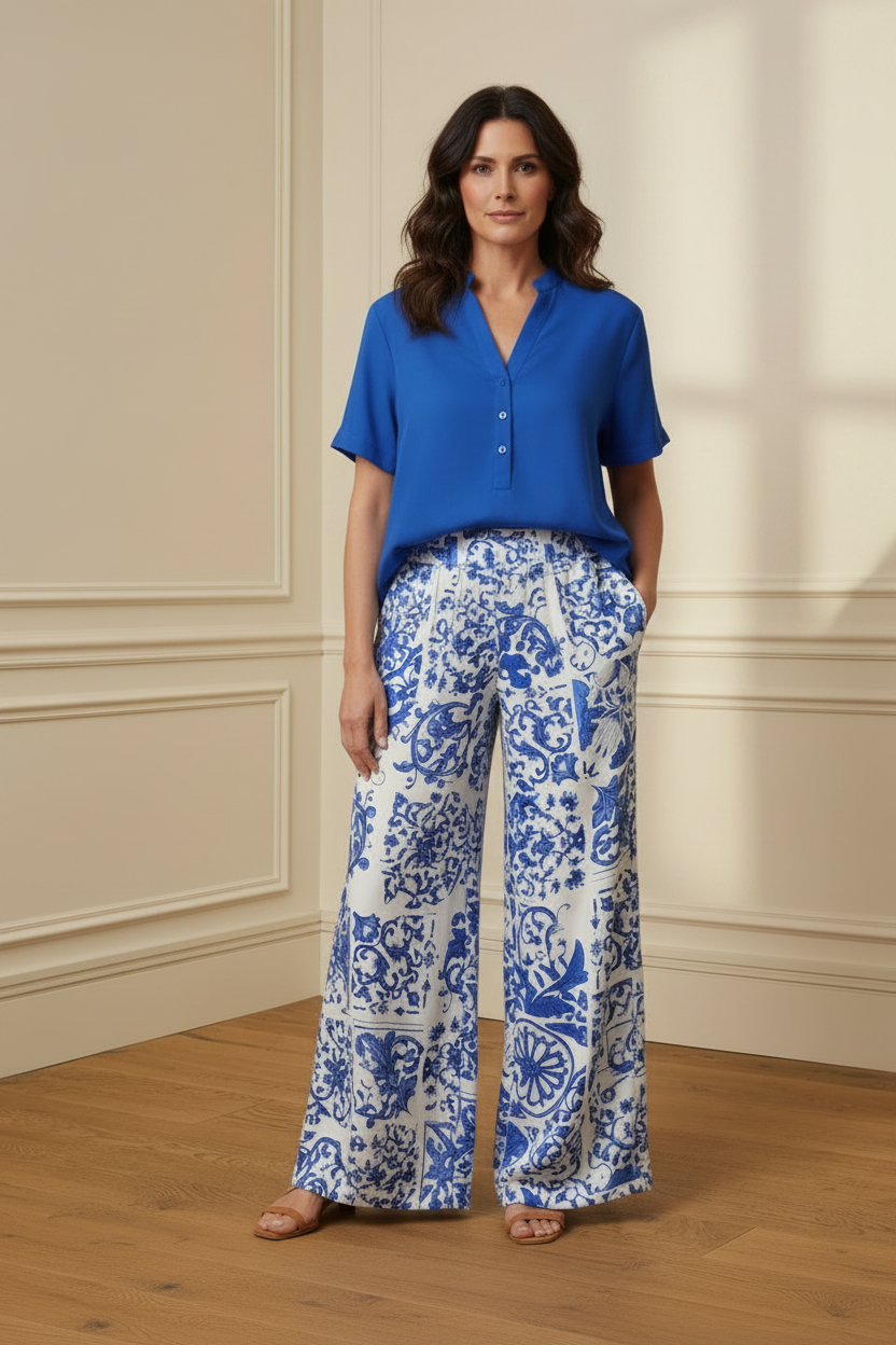 Modelo con camisa azul referencia y pantalón azulejo