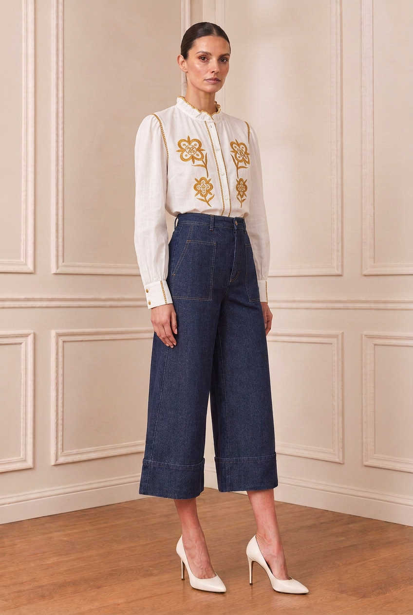Modelo con camisa blanca bordada en amarillo mostaza