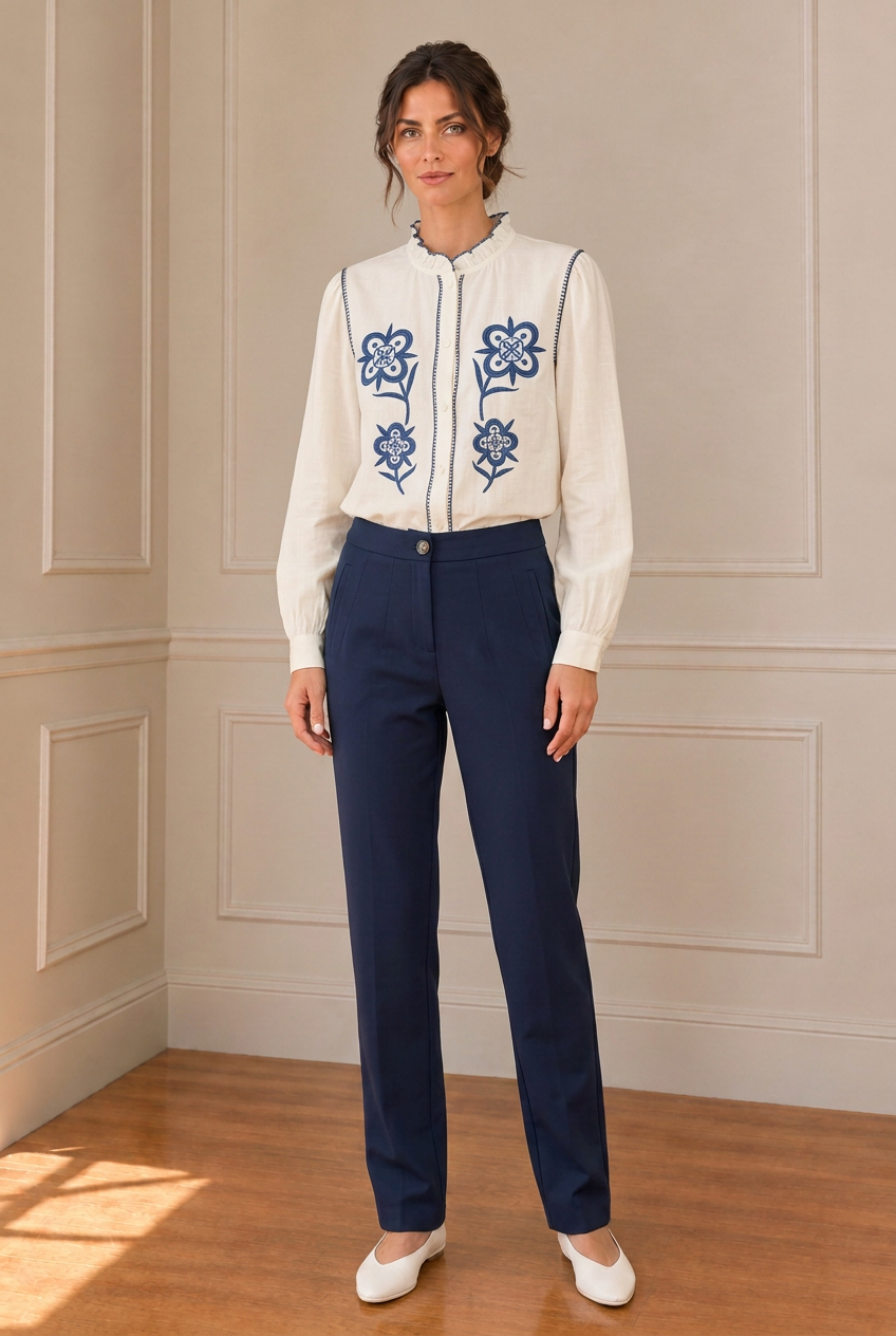Modelo con camisa de bordado azul y pantalón azul marino