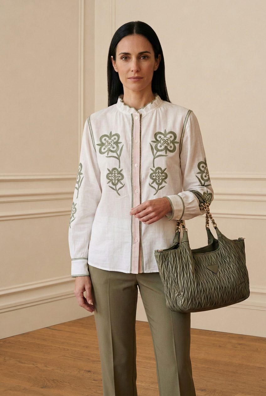 Modelo con camisa de bordado verde, bolso y pantalón kaki en la sala de molduras