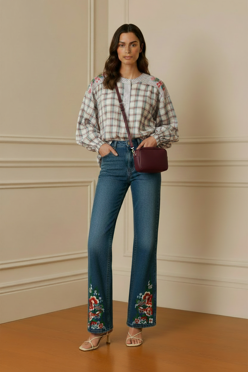 Modelo con camisa de cuadros bordada y bolso cámara granate