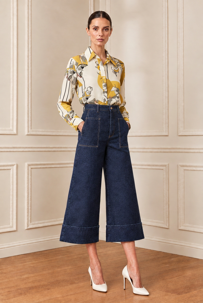 Modelo con camisa de estampado mostaza, gris y negro y pantalón denim