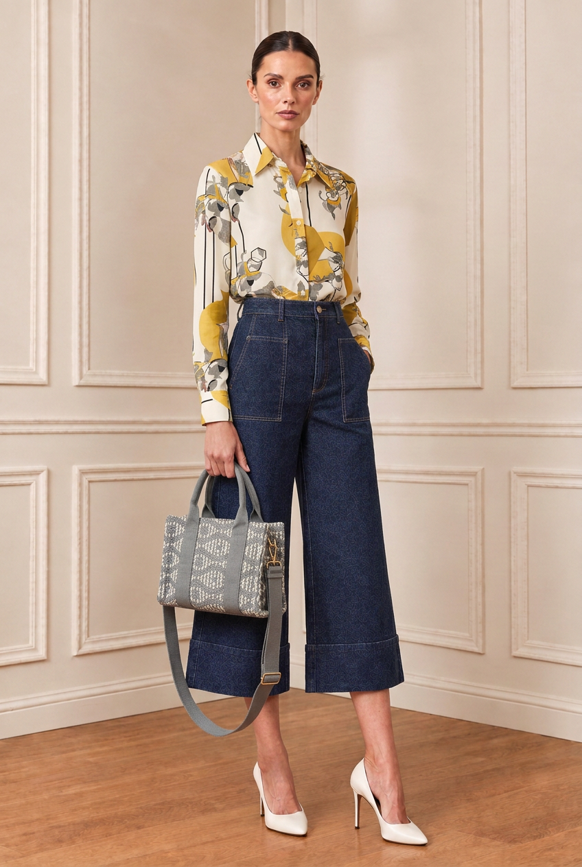 Modelo con camisa estampada, pantalón denim y bolso gris