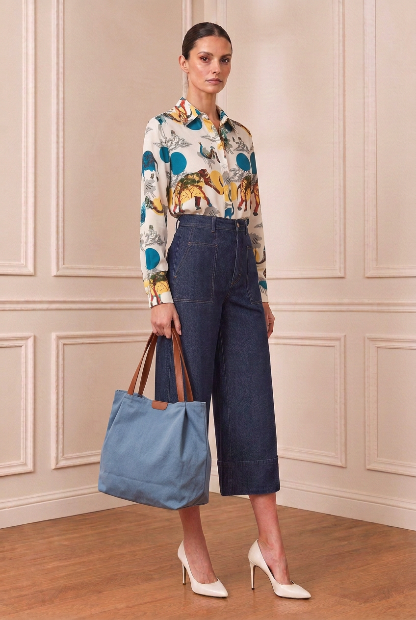 Modelo con camisa estampada y bolso azul