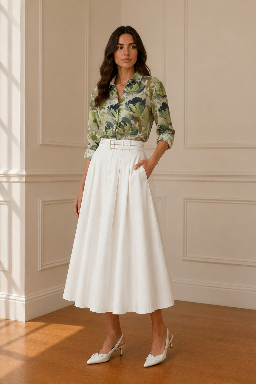 Modelo con camisa floral verde y falda midi blanca