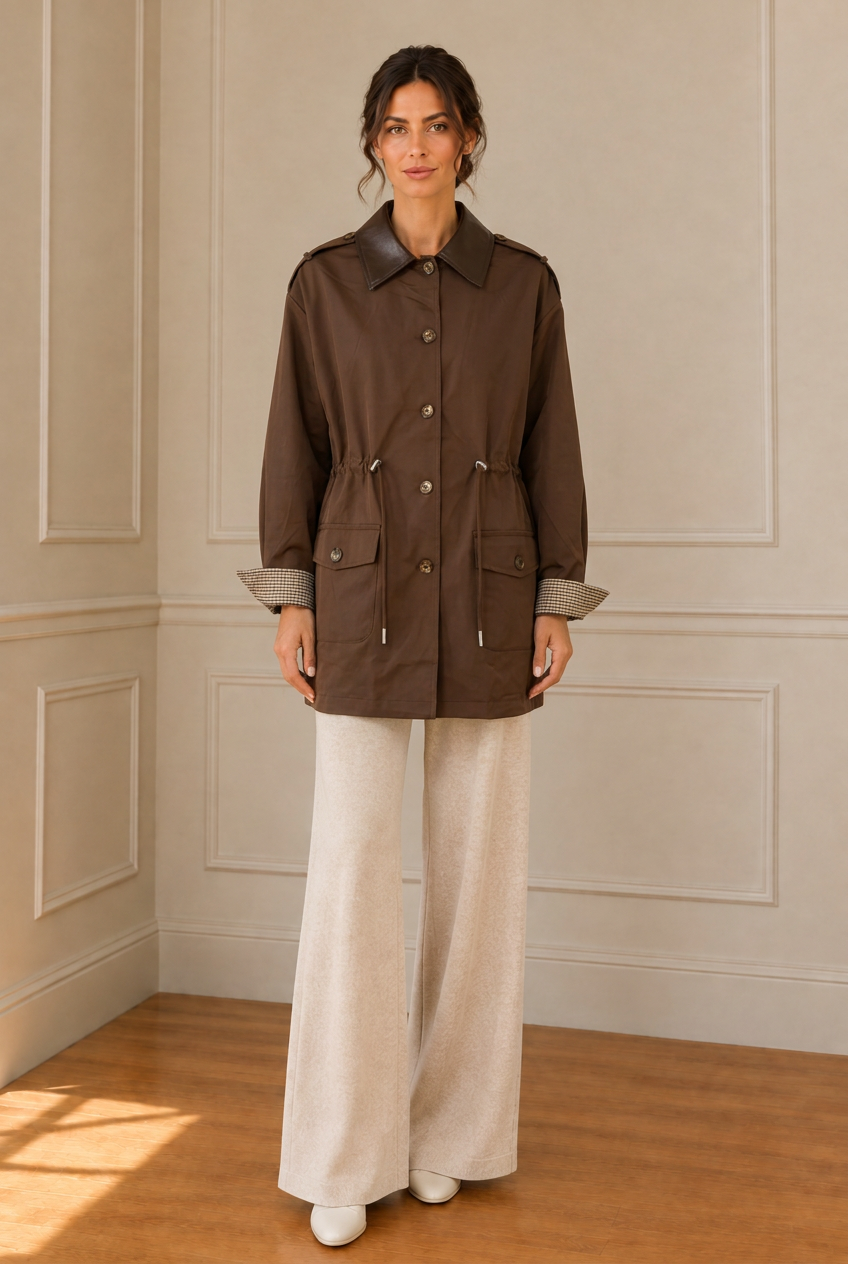 Modelo con cazadora marrón y pantalones claros
