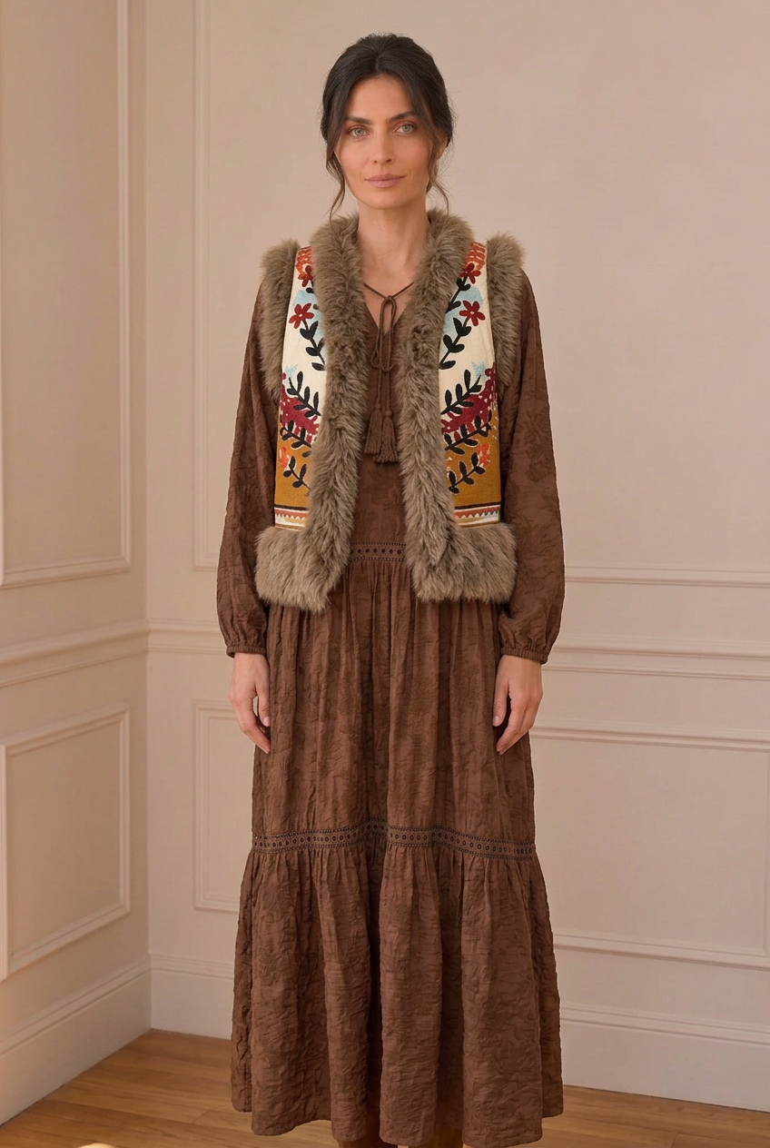 Modelo con chaleco bordado sobre el vestido marrón