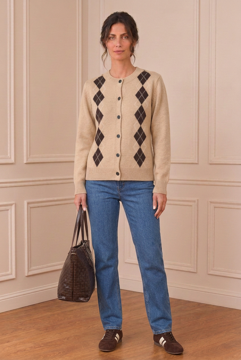 Modelo con chaqueta beige, vaqueros, bolso y deportivas marrones