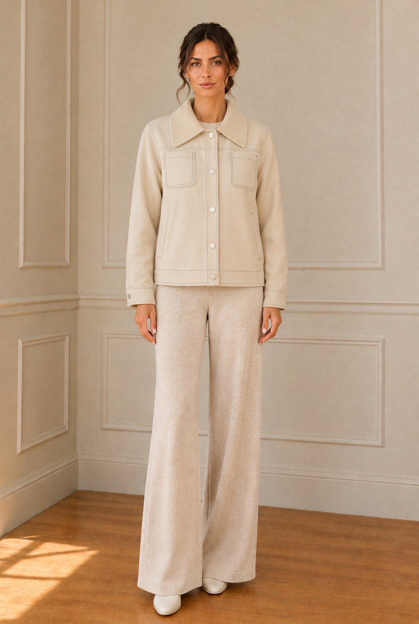 Modelo con chaqueta beige y pantalón camel en la estancia de molduras