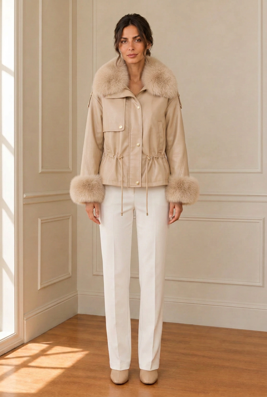 Modelo con chaqueta completamente beige, cuello y puños incluidos