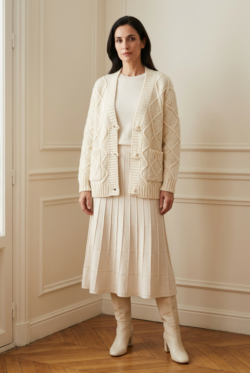 Modelo con chaqueta de punto, falda, jersey de cuello caja y botas altas en tonos crudos