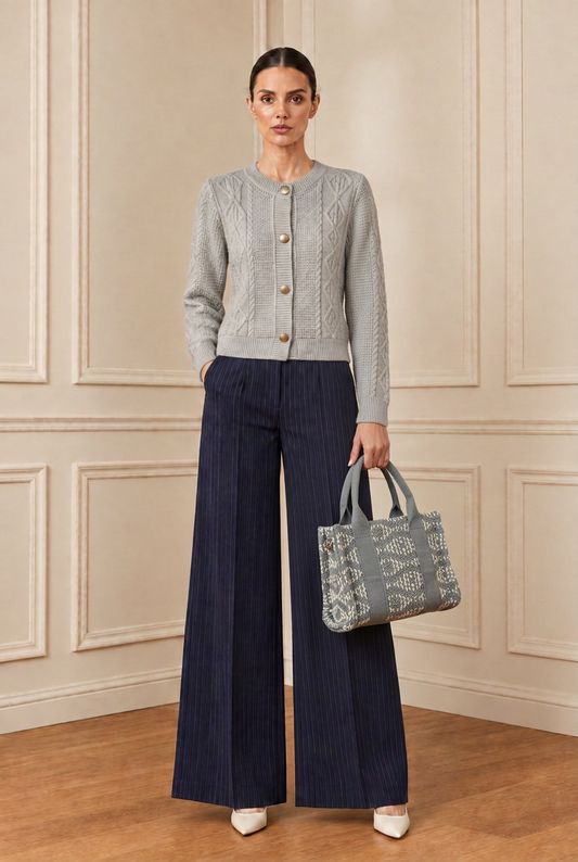 Modelo con chaqueta gris y bolso gris
