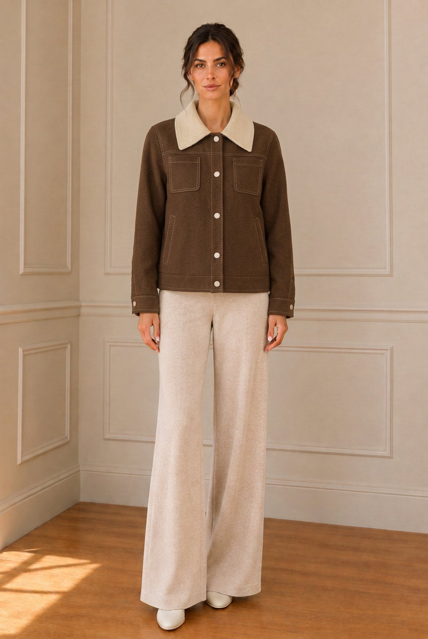 Modelo con chaqueta marrón y pantalón camel